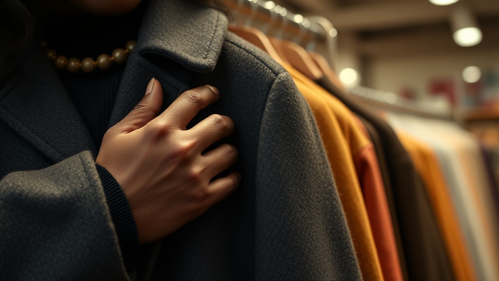 Close-up of a woman's hands checking the fabric and seams of a coat on a thrift store rack