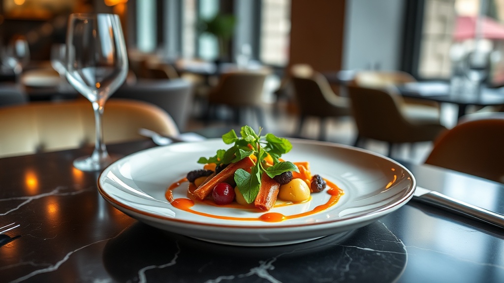 A sophisticated modern Basque dish elegantly plated on a ceramic plate in a chic fine dining restaurant in San Sebastian.