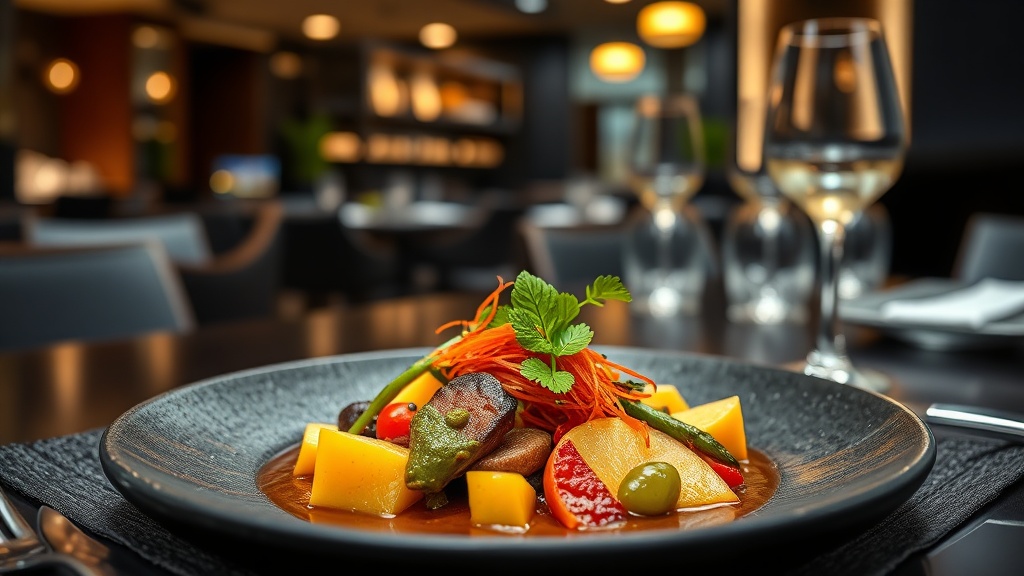 A visually stunning Peruvian fine dining dish featuring vibrant indigenous Andean ingredients served on dark stone plateware in a sleek Lima restaurant.