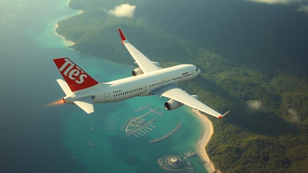 Commercial airplane flying over a lush tropical destination with heat haze and exhaust visible.