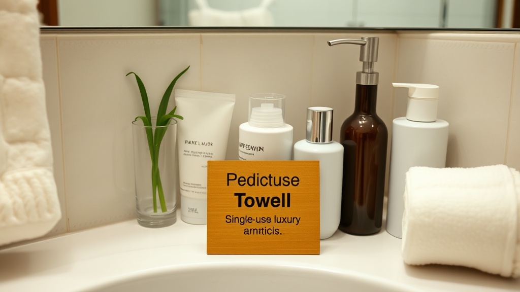Tiny bamboo sign asking to reuse towels next to an array of single-use luxury amenities in a hotel bathroom.