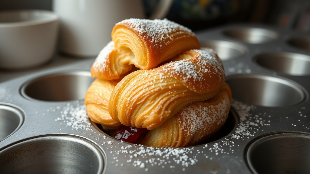 A homemade cruffin towering in a well-used metal muffin tin, dusted with powdered sugar and oozing strawberry jam in a home kitchen.