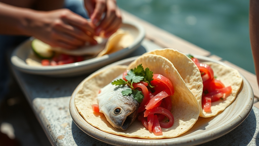 Fresh-caught fish tacos with bright pickled red onions on handmade tortillas