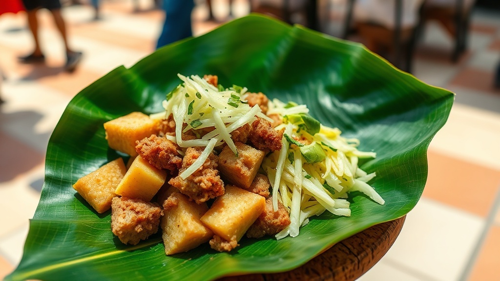 Close up of Vigorón served on a green banana leaf