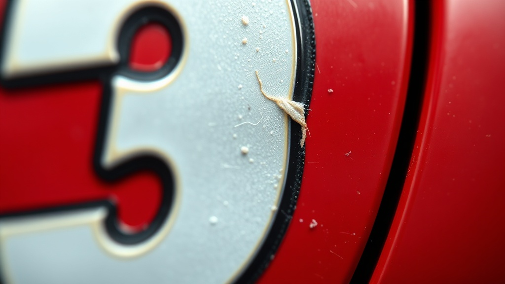 Macro photography showing microscopic edge curling and an adhesive halo around a water-slide decal racing number under raking light.