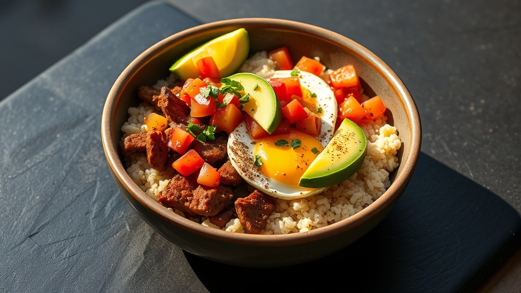 A hearty breakfast bowl with sliced carne asada, soft scrambled eggs, charred cauliflower rice, avocado, and pico de gallo.