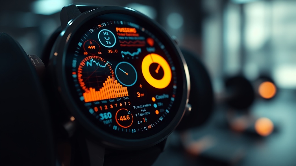 A close up of a glowing smartwatch screen showing overwhelming fitness data graphs in a blurred, dark gym setting.