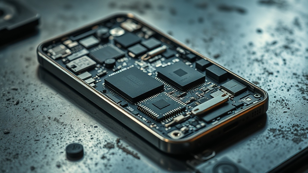 Disassembled smartphone on a metallic workbench showing non-removable battery and intricate silicon chips