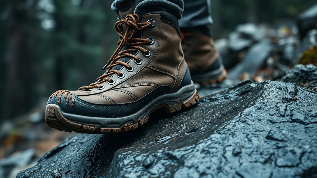 Close-up of muddy, well-worn hiking boots stepping onto a wet, slick granite rock on a rainy forest trail.