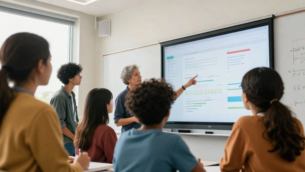 Dynamic classroom scene with diverse students gathered around a digital whiteboard, teacher pointing at interactive charts