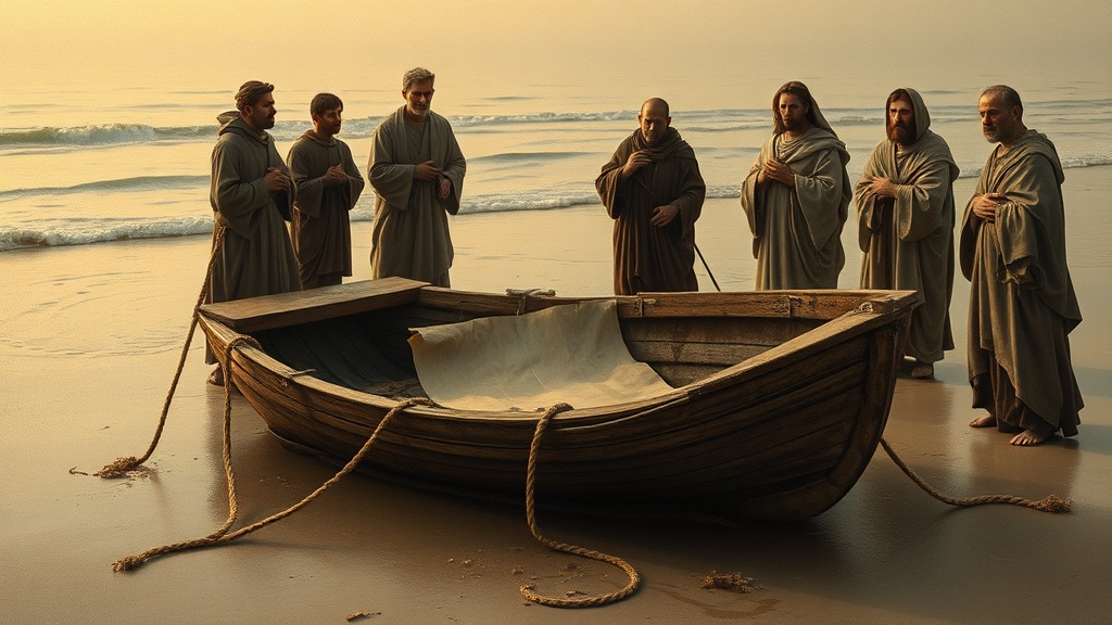 A quiet shoreline with a decayed skiff and a single water-stained sheet of paper