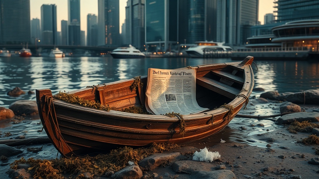A decayed skiff on a rocky coastline with a folded, water-stained broadsheet inside