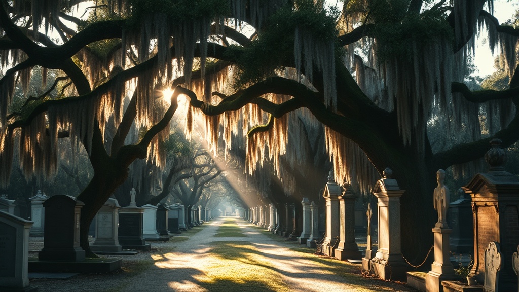 An atmospheric, beautiful historic cemetery in Savannah, Georgia with sunlit paths and Spanish moss hanging from ancient oak trees.