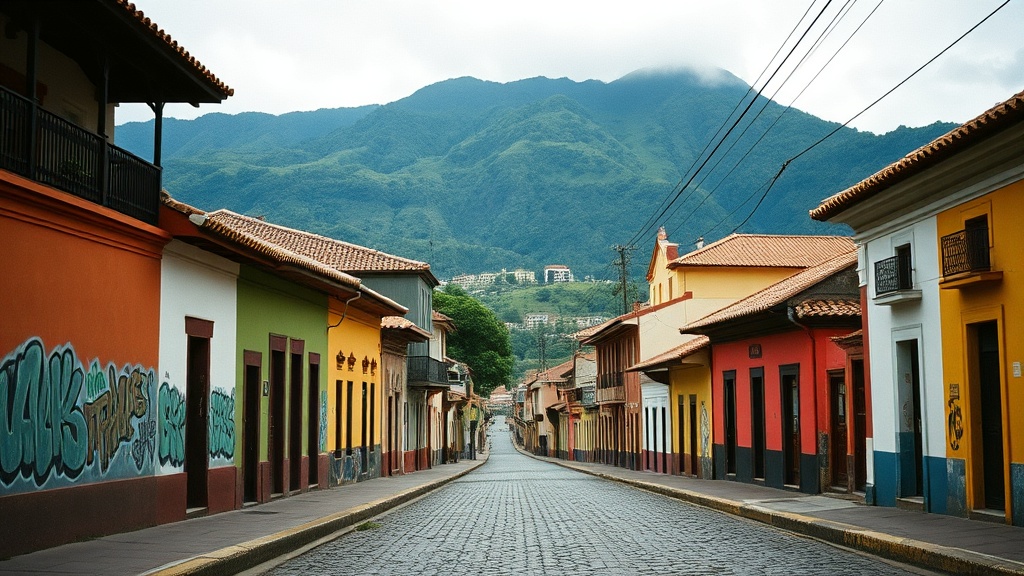 A vibrant cobblestone street in La Candelaria neighborhood of Bogotá, Colombia, featuring colonial houses, street art, and mountains in the background.