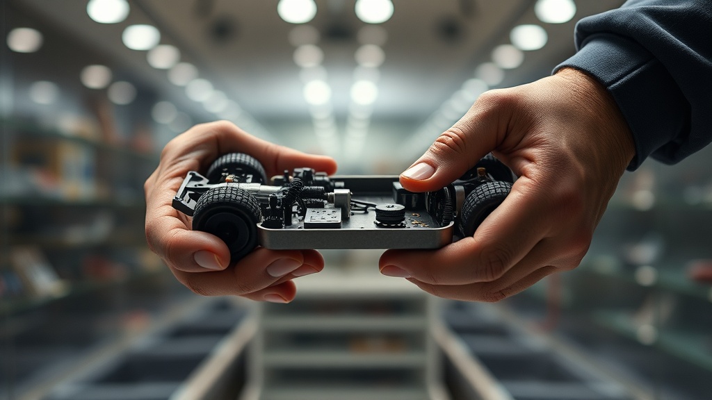 Close-up of a machinist's hands holding a 1:18 scale metal car chassis to test its weight and temperature.
