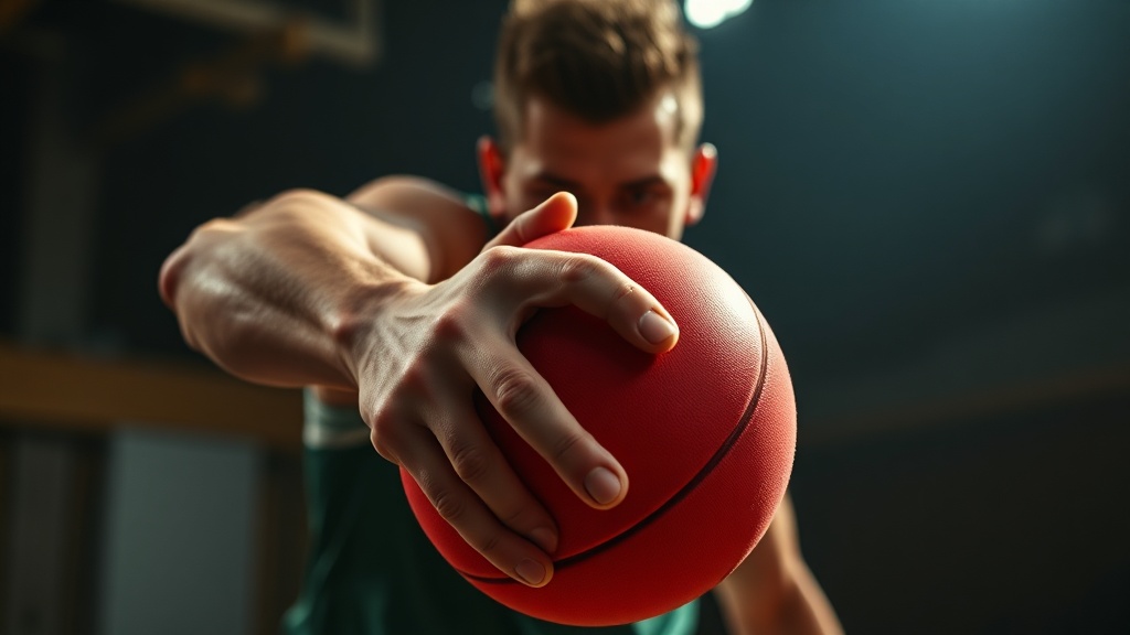 Close-up of a competitive dodgeball player executing an intense pre-throw sequence, showing body mechanics and grip on the ball.