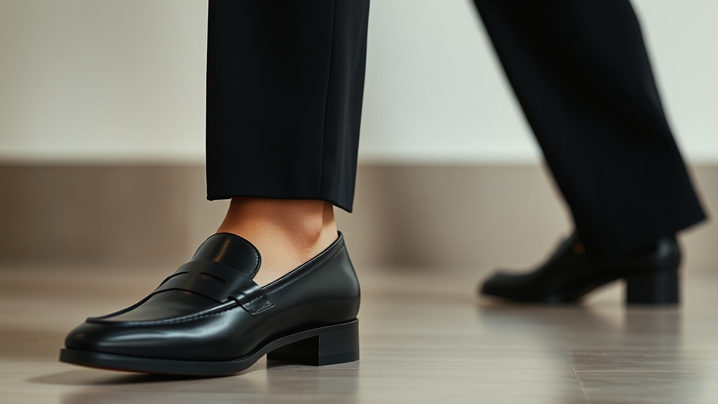 Crisp, perfectly tailored hem of black trousers resting over a simple loafer