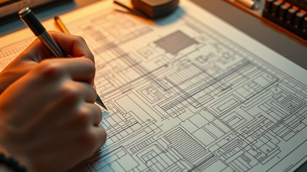 Close up of an engineer's hands working on complex mylar sheet routing diagrams for chip design in the 1970s.