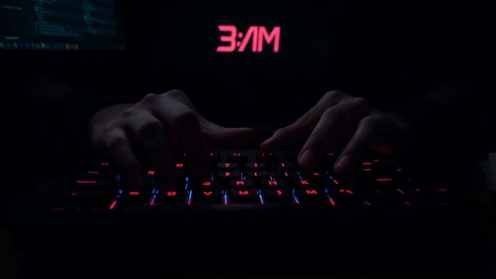 Tense hands resting on a mechanical gaming keyboard illuminated only by the monitor's glow in a dark room.
