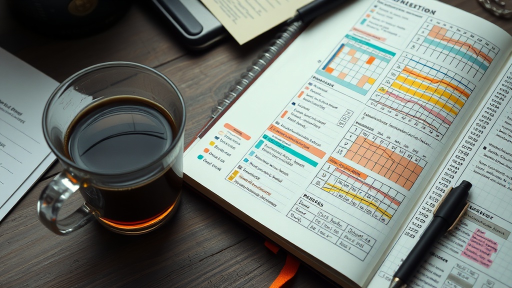 A close-up view of a meticulously kept bullet journal overflowing with habit tracking, color-coded graphs, and crossed-out tasks next to a half-empty coffee, conveying burnout.