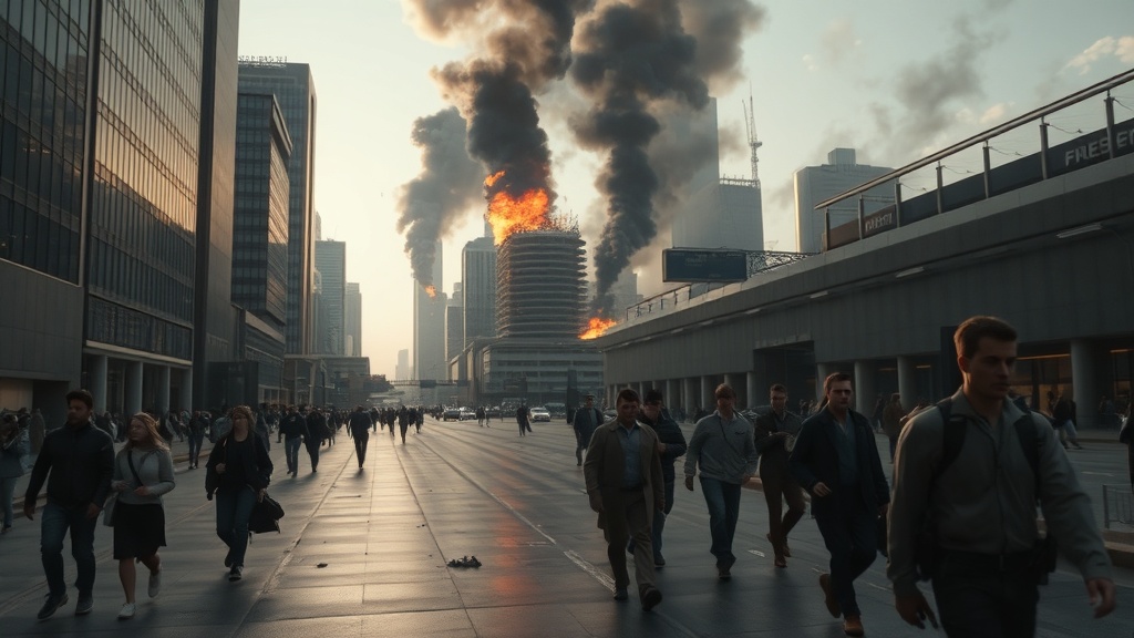 Aftermath of an urban strike, showing responders and civilians