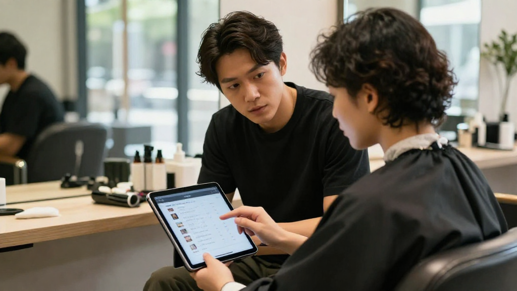 Stylist consulting with a client over a tablet showing personalized service history and product suggestions