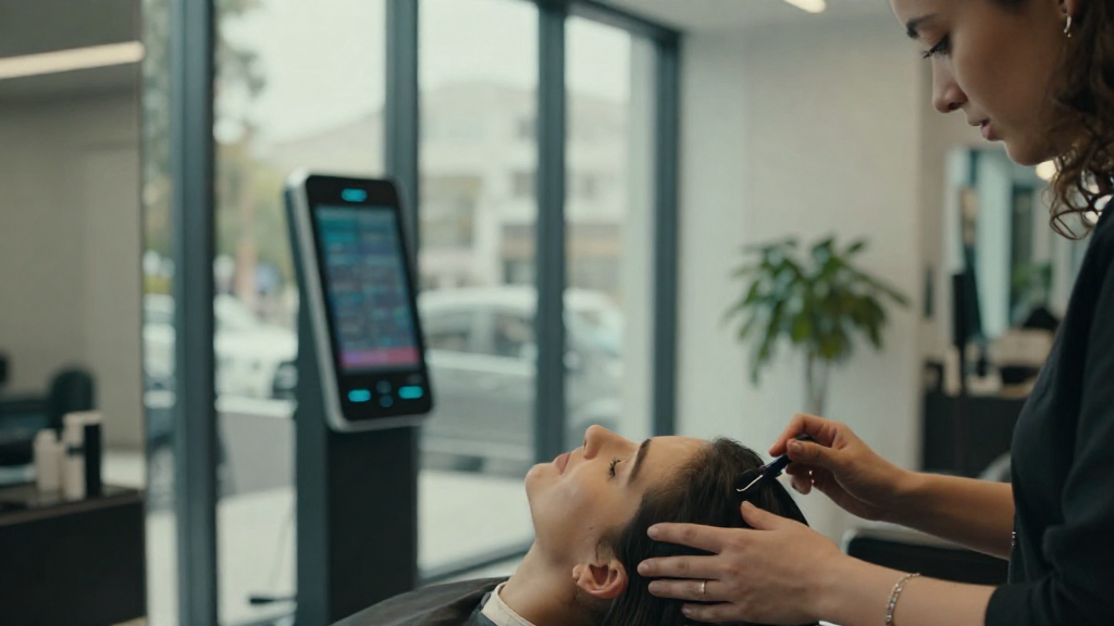 Stylish salon interior with a radiant client being pampered, modern touch‑screen booking kiosk in the background