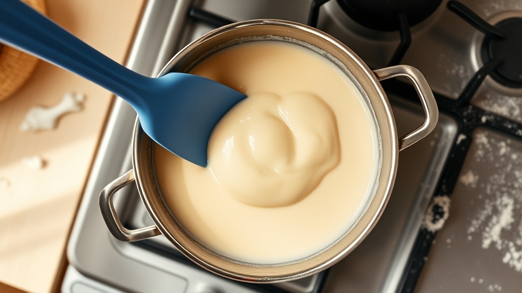 Overhead view of a thick, glossy tangzhong paste cooking in a small saucepan. A silicone spatula has been dragged through it, leaving a clean line that holds its shape.