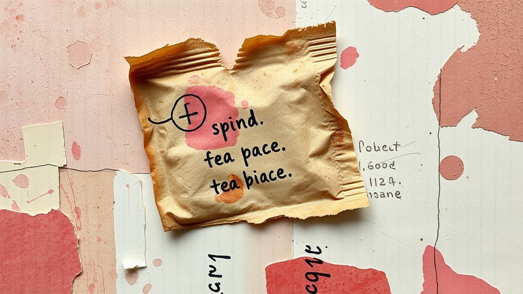 A close-up of a messy art journal page with a stained tea bag wrapper glued on crookedly, surrounded by torn scrap paper and smudged white gesso.