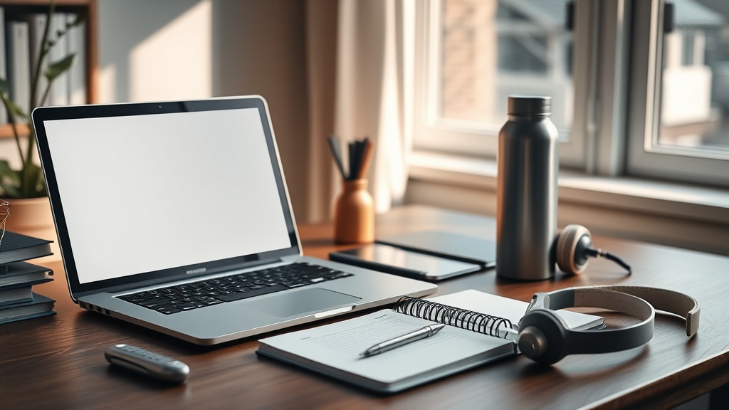 An impeccably organized aesthetic study desk setup with a modern laptop, notebook, expensive pen, and noise-canceling headphones bathed in warm natural light.