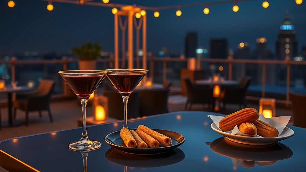 Sophisticated rooftop lounge at night with warm churros and an espresso martini