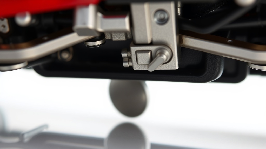 Close-up of a 1:18 scale zinc-alloy diecast car chassis showing functional metal door hinges and tight panel gaps, with a dental mirror reflecting the undercarriage.