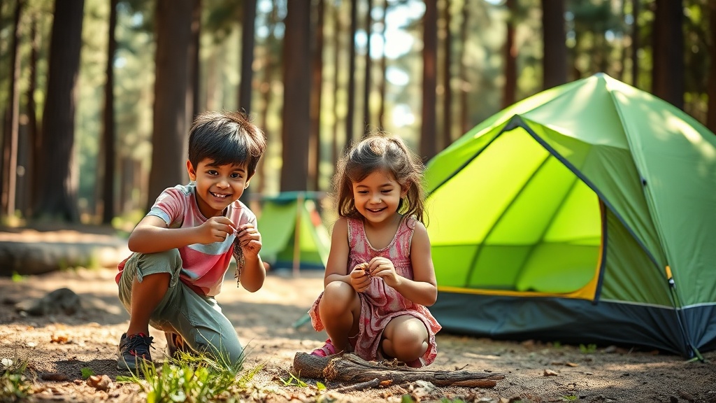 Two young Indian-American children happily playing with sticks and looking for bugs near a green tent at a developed state park campsite.