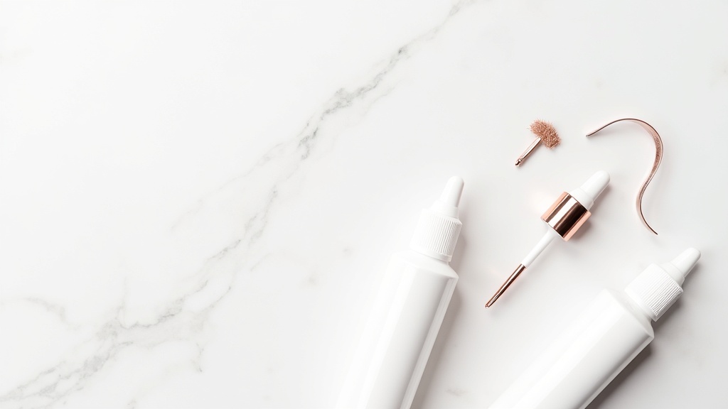 Flat lay of professional lash extension tools and adhesive on marble
