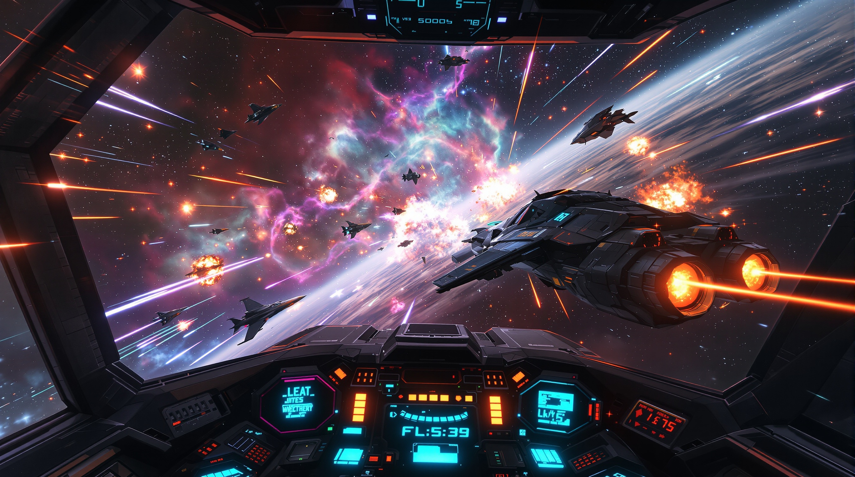 Vista de la cabina de combate en el simulador espacial VR Remnant Protocol