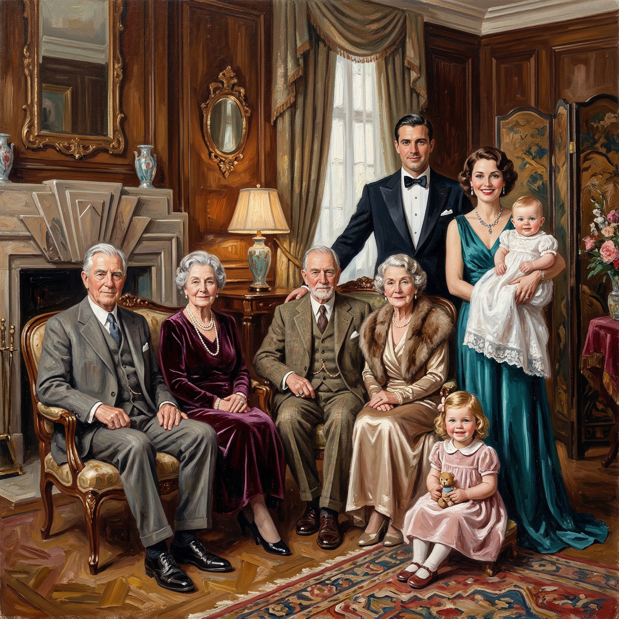 Portrait peinture — grande famille années 1930