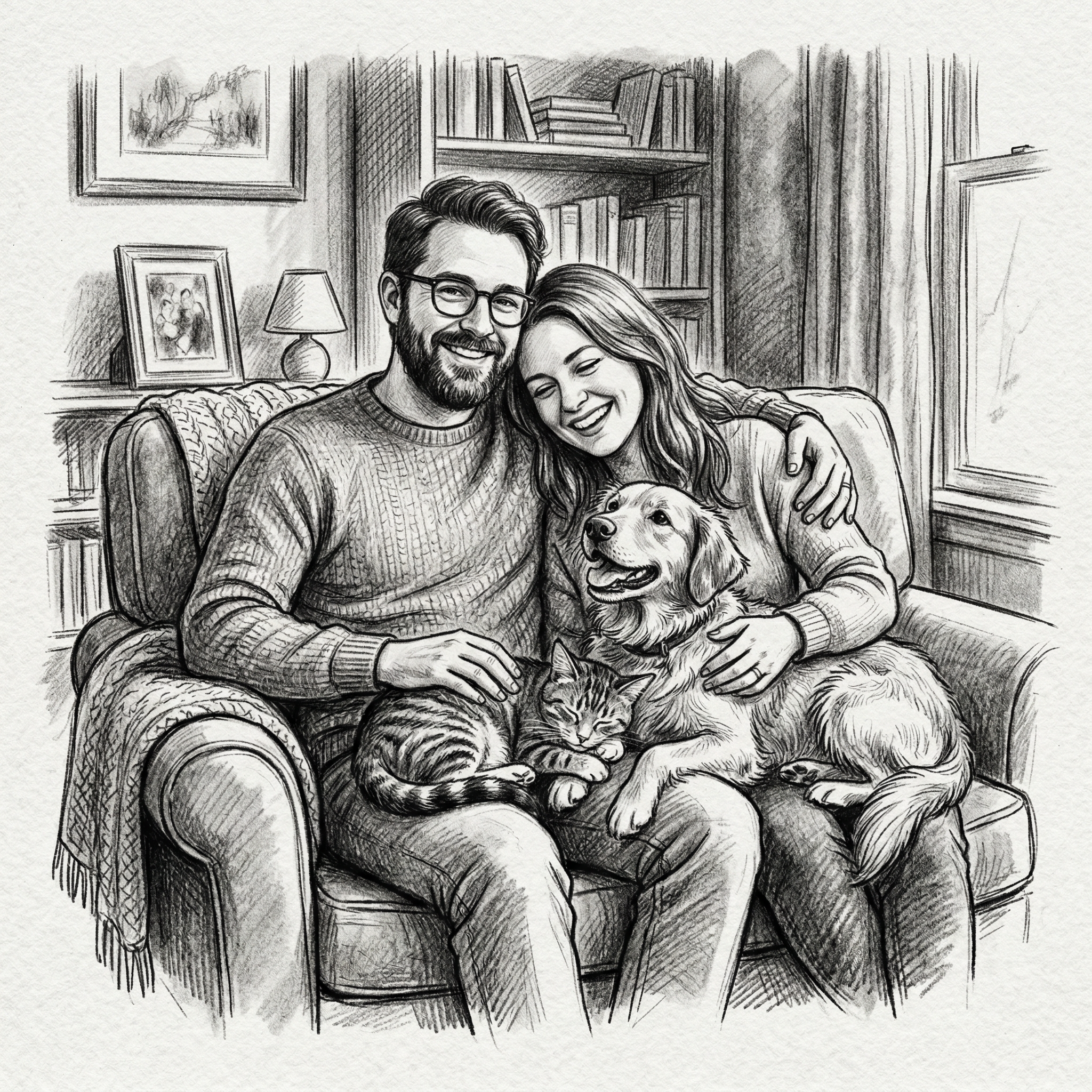 Portrait dessin — couple avec chien et chat