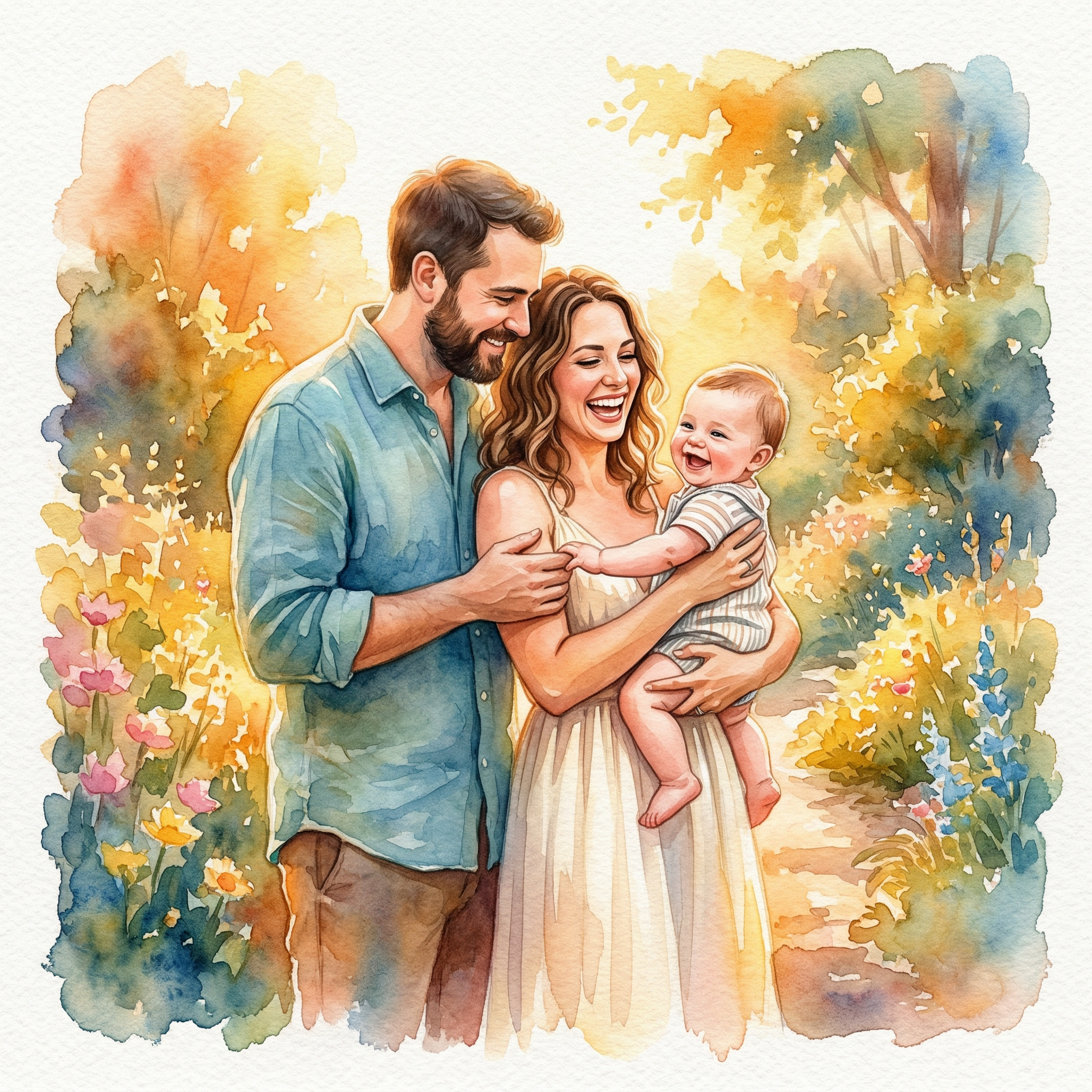 Portrait aquarelle — couple avec bébé, ambiance ensoleillée