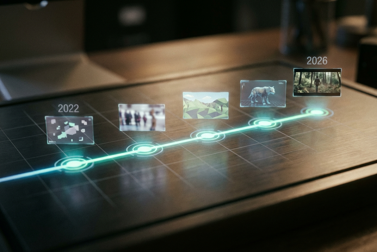 A timeline infographic showing the evolution of AI music video technology from 2022 to 2026