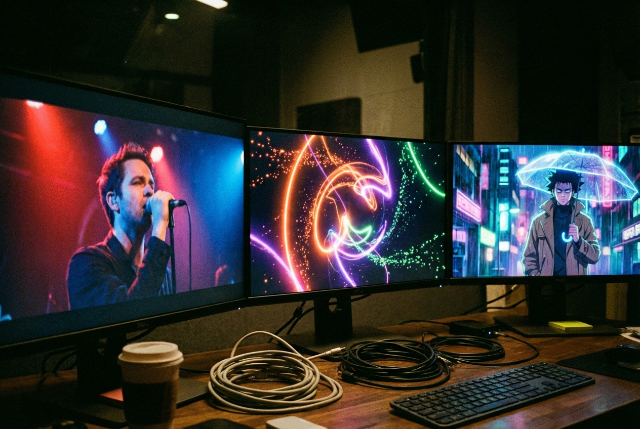 A split-screen showing different AI music video styles