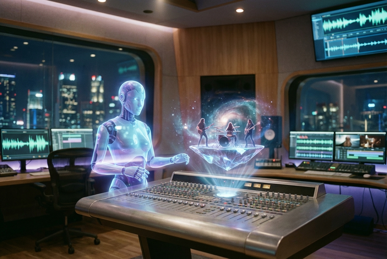 Futuristic AI music video creation concept