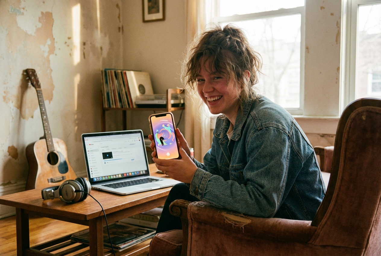 A musician sharing their AI music video on social media