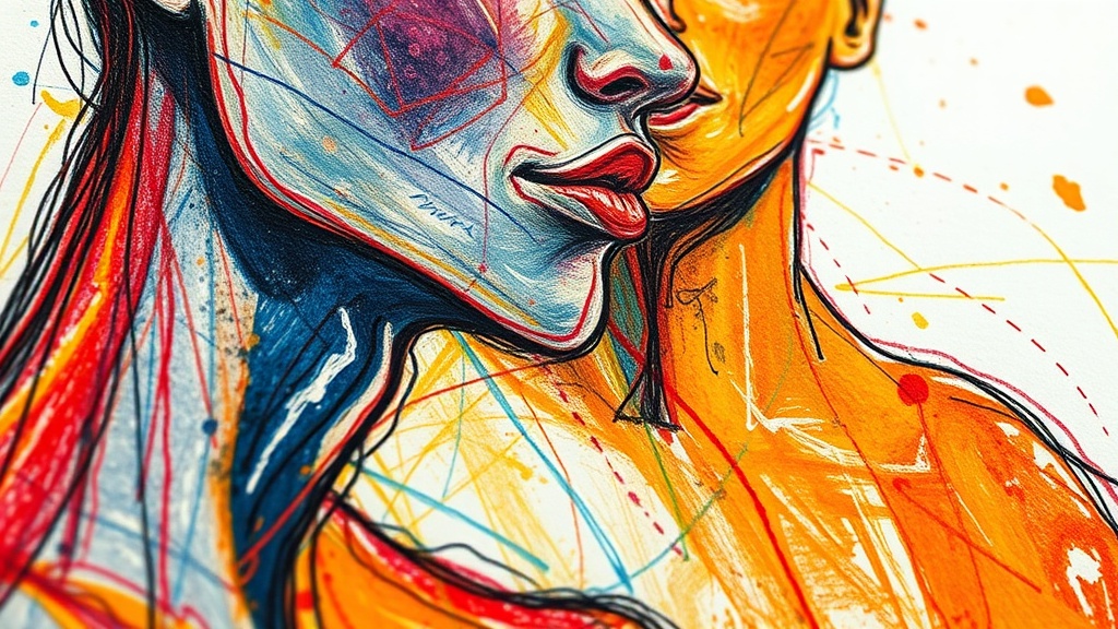 Close-up of a vibrant, intensely worked colored pencil drawing with visible heavy pencil pressure, showing abstract figures.