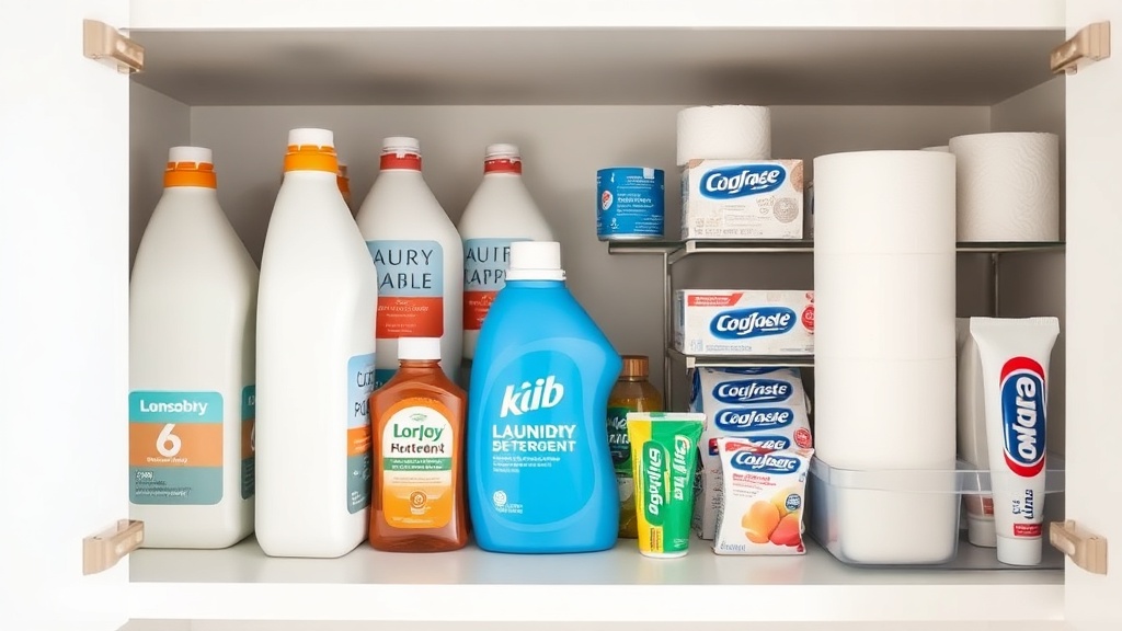 A beautifully organized pantry cabinet stocked with neatly lined rows of laundry detergent, paper towels, and other household staples