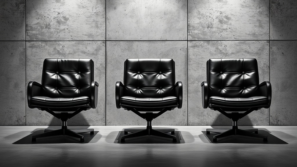 Three empty leather boardroom chairs against a raw concrete wall
