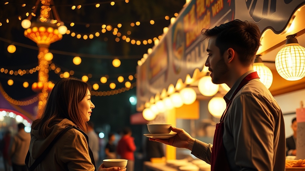 An empty food booth at night serving steaming soup under warm string lights.