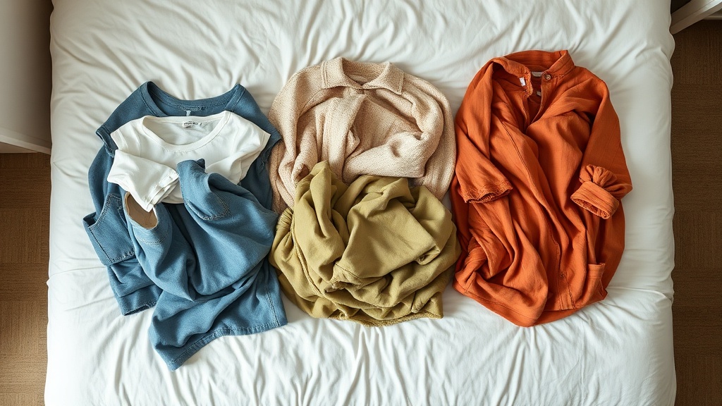 A neatly made bed with three distinct piles of women's clothing, representing a closet audit.