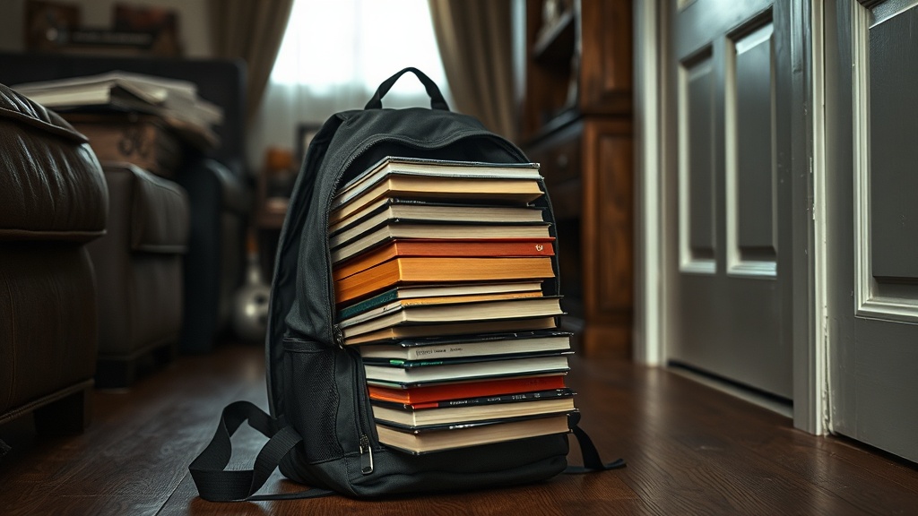 A worn backpack filled with heavy books sitting on the floor of a small apartment living room, functioning as a makeshift weighted vest