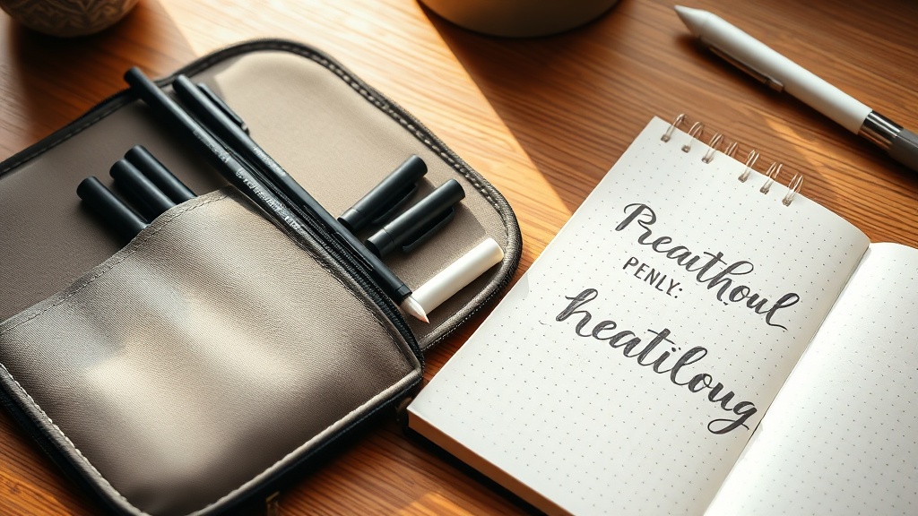 A close-up photograph of a minimal pencil case slightly open to reveal premium fineliners and brush pens, with a beautifully hand-lettered daily log partially visible next to it.