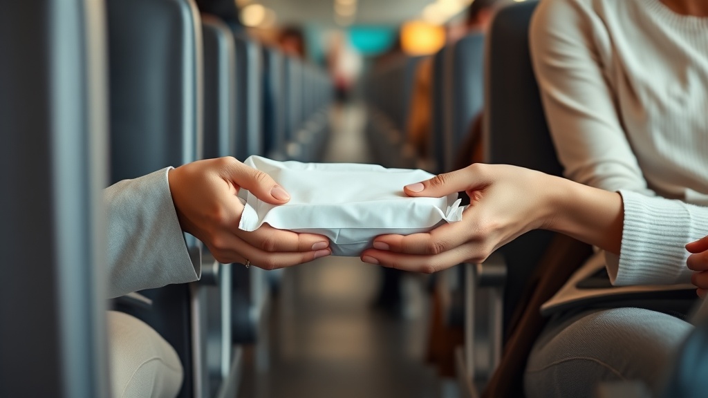 Close-up shot of two women's hands secretly exchanging a half-empty pack of baby wipes across the gap between airport terminal seats.